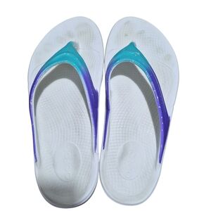 OOFOS White Flip Flop Sandals with Teal and Purple Straps